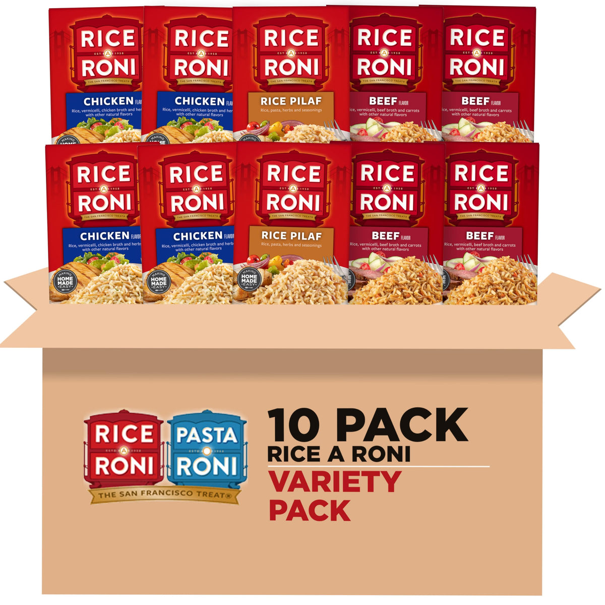 Rice-A-Roni Dinner Classics Variety Pack front box with chicken, beef, pilaf flavors for quick meals