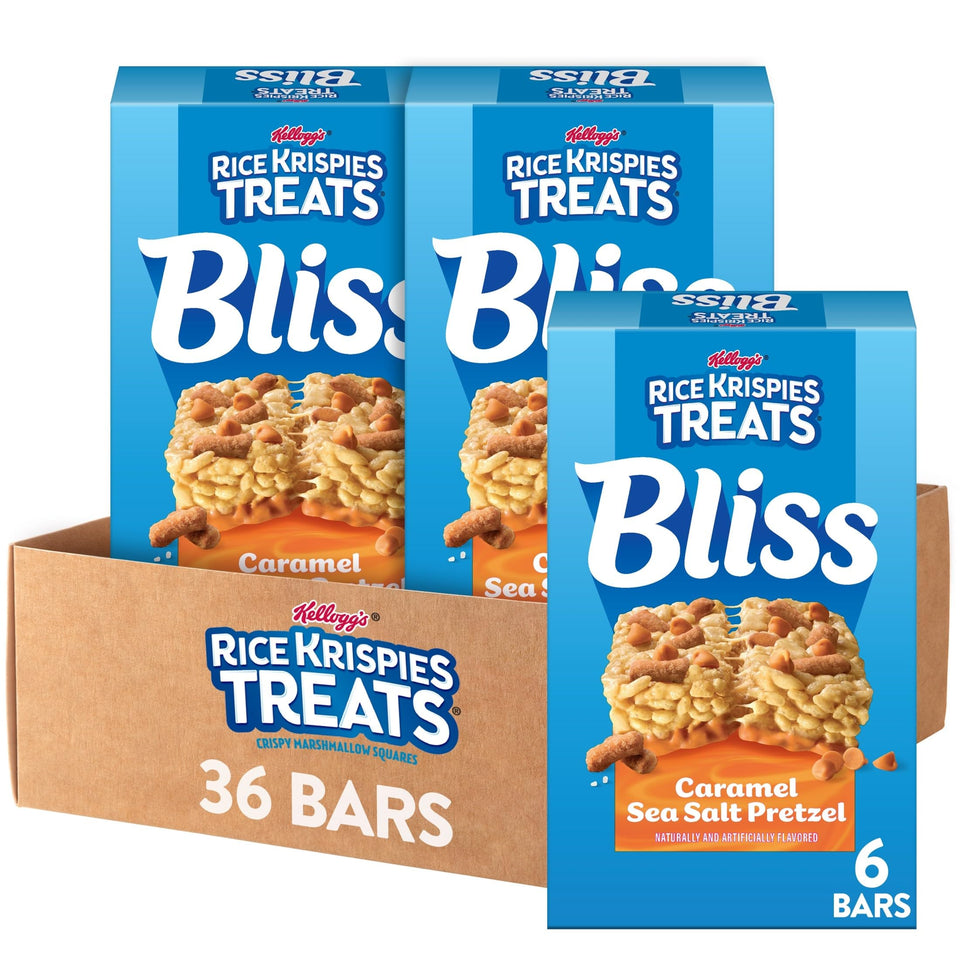 Rice Krispies Treats Bliss caramel sea salt pretzel boxes offering a convenient indulgent snack.