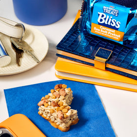 Family-friendly Bliss caramel sea salt pretzel bars for sharing.