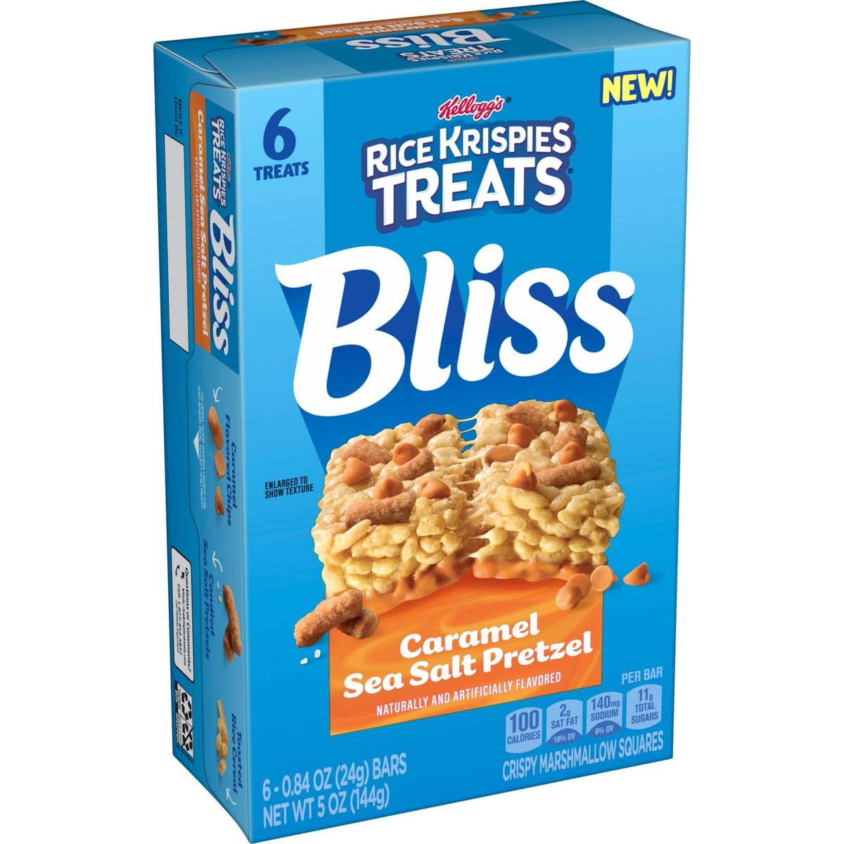 Packaging of Rice Krispies Treats Bliss caramel sea salt pretzel boxes.