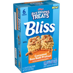 Packaging of Rice Krispies Treats Bliss caramel sea salt pretzel boxes.