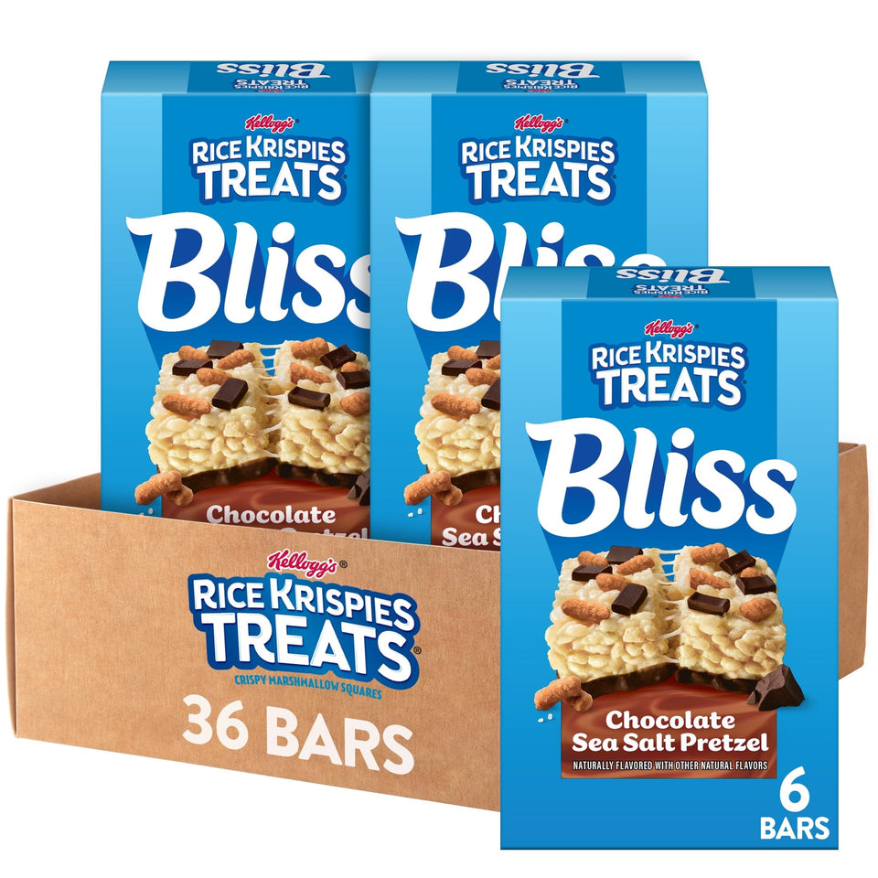 Rice Krispies Treats Bliss Chocolate Sea Salt Pretzel Bars box, convenient grab-and-go indulgence.