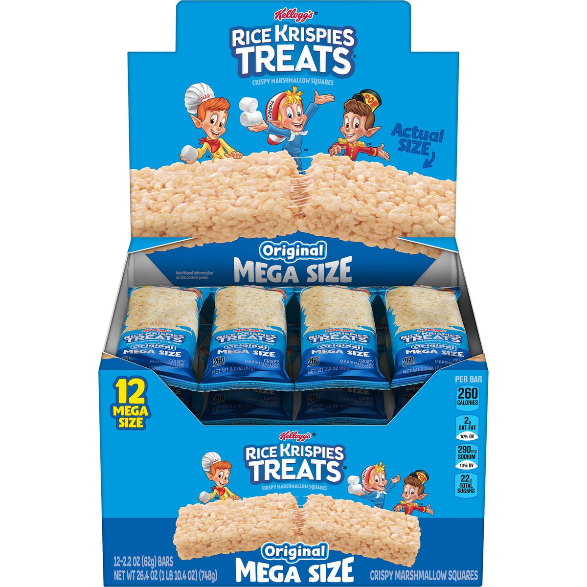 Rice Krispies Treats Mega Bar box shows family-friendly packaging and shareable, travel-friendly size.