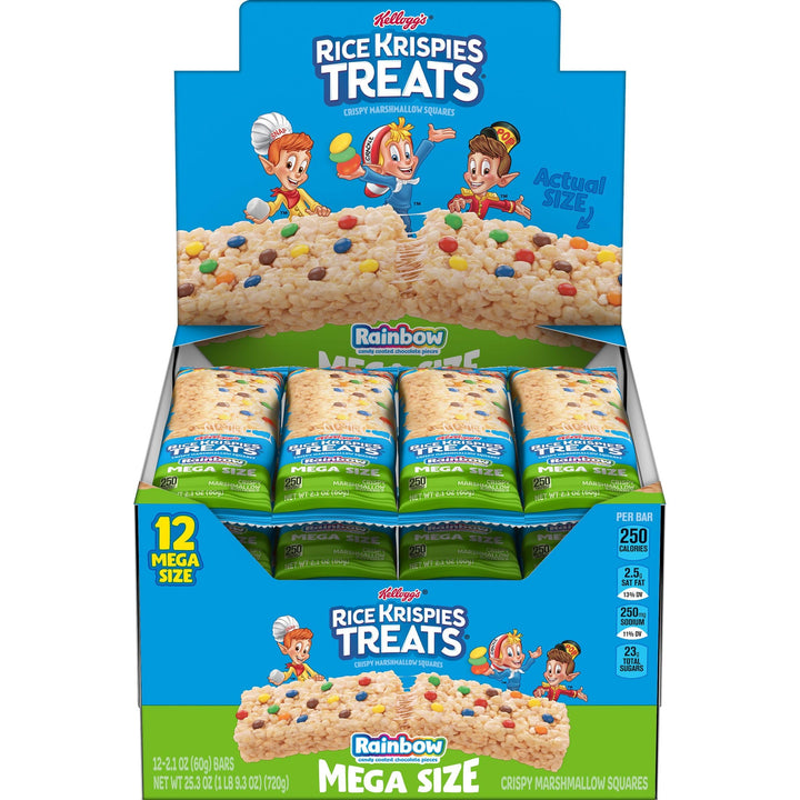 Rice Krispies Treats Rainbow Mega Bar packaging shown, ideal for on-the-go snacking.