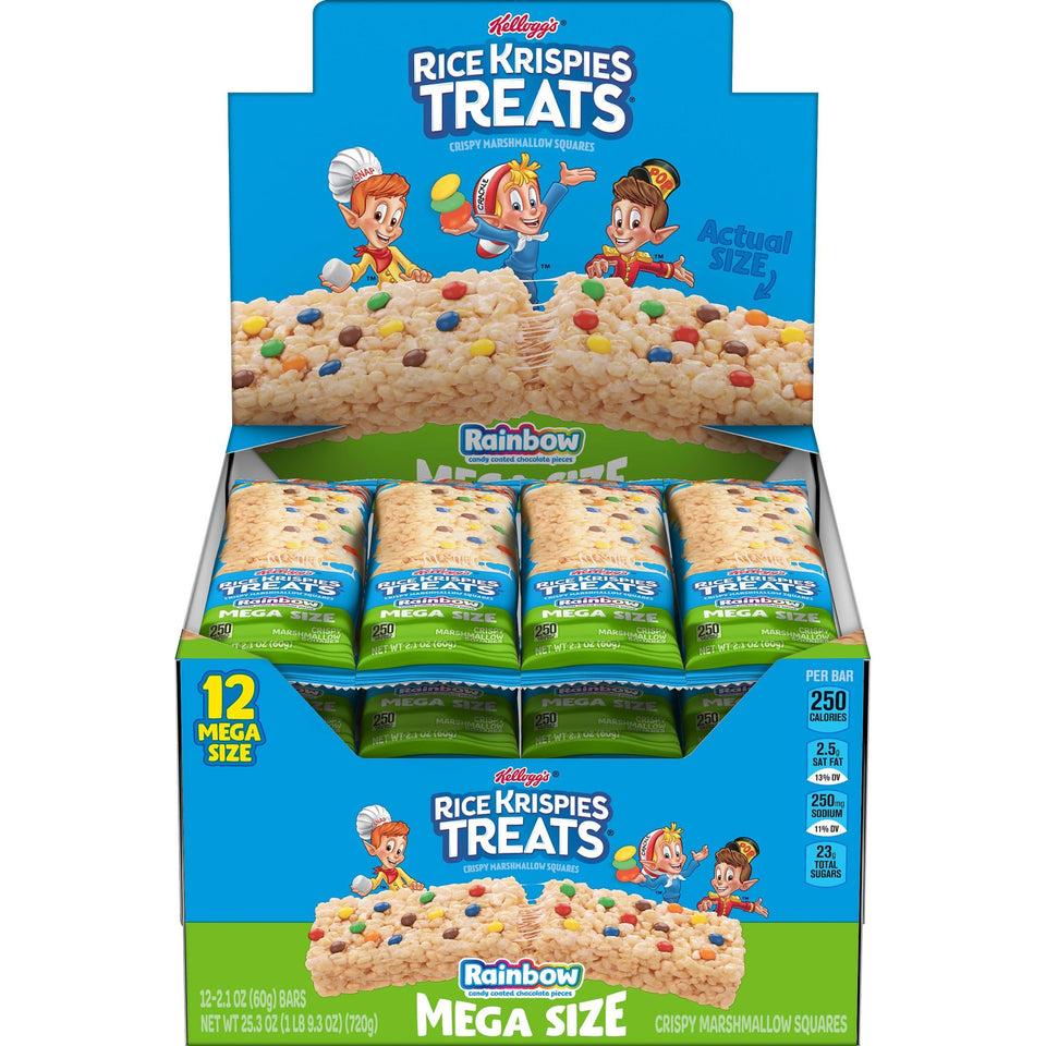Rice Krispies Treats Rainbow Mega Bar packaging shown, ideal for on-the-go snacking.