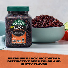 RiceSelect Premium Black Rice cooked and fluffy on a plate, ready to serve.