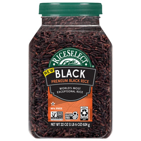 RiceSelect Premium Black Rice jar on shelf, gluten-free BPA-free packaging for versatile meals.