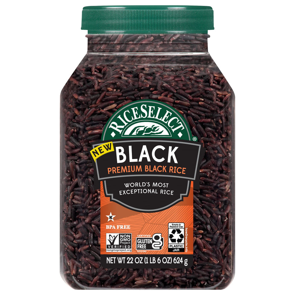 RiceSelect Premium Black Rice jar on shelf, gluten-free BPA-free packaging for versatile meals.