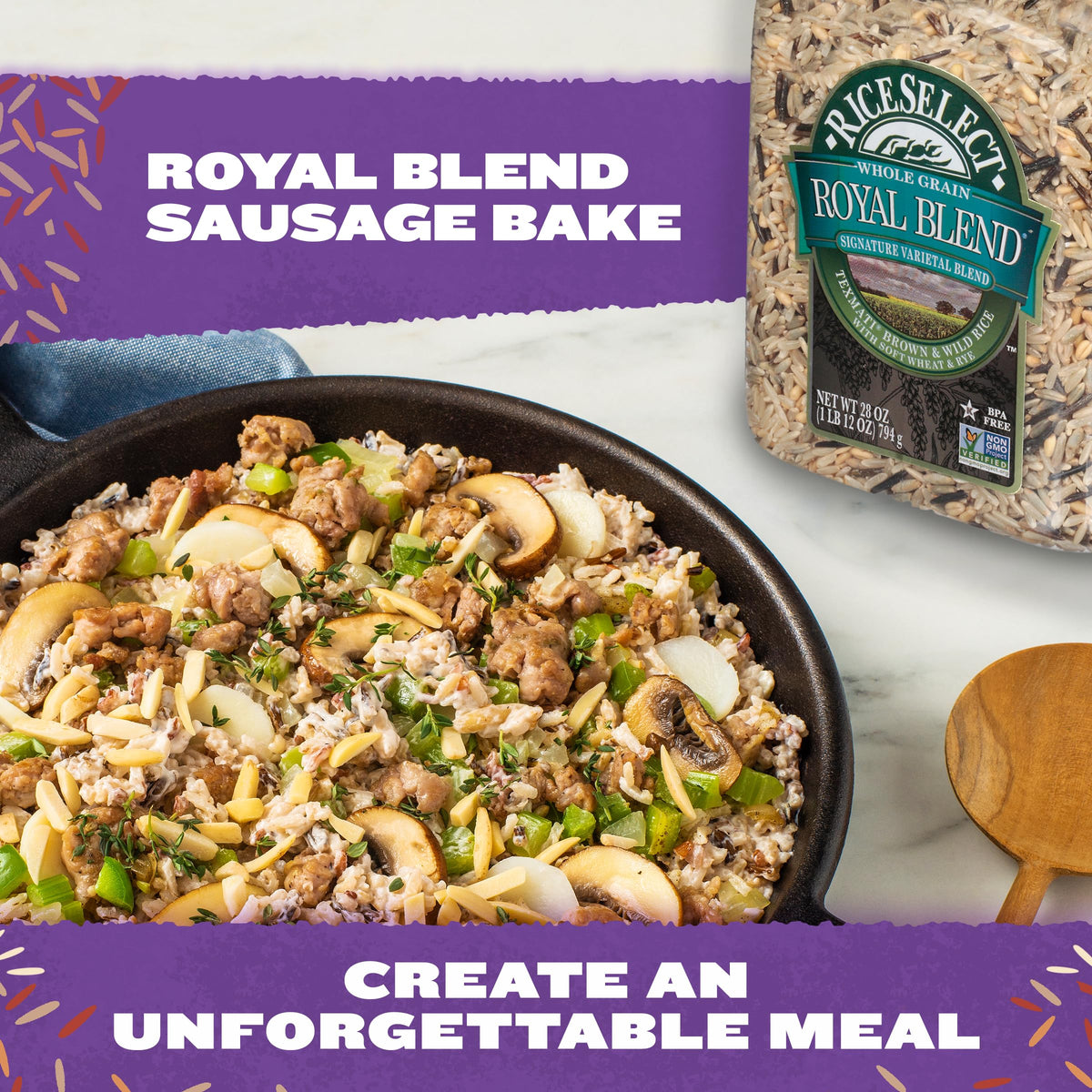 RiceSelect Royal Blend jar closeup highlights colorful grains and premium texture.