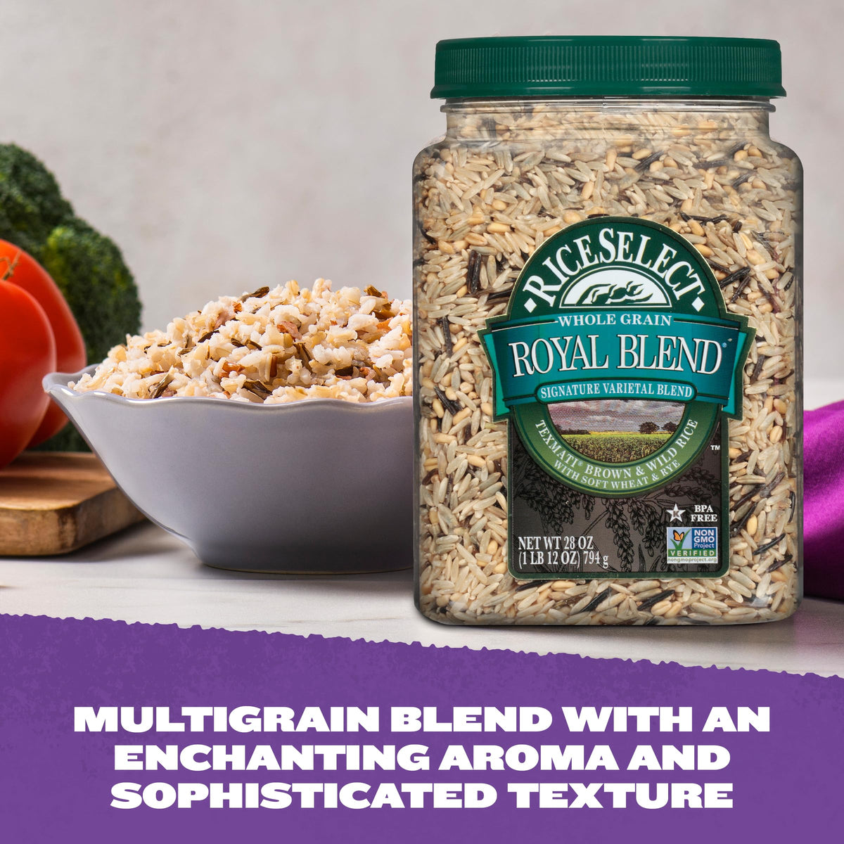RiceSelect Royal Blend packaging jar showcased, convenient recloseable design keeps grains fresh.