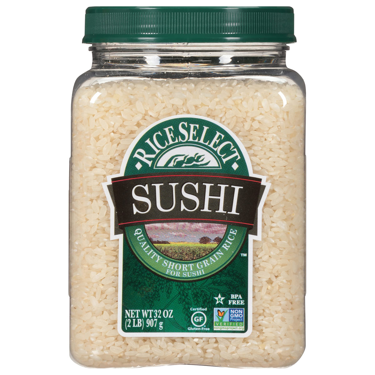 RiceSelect Sushi Rice jar shows premium packaging for fresh, gluten-free rice.
