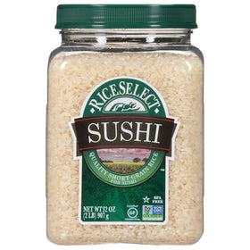 RiceSelect Sushi Rice jar shows premium packaging for fresh, gluten-free rice.
