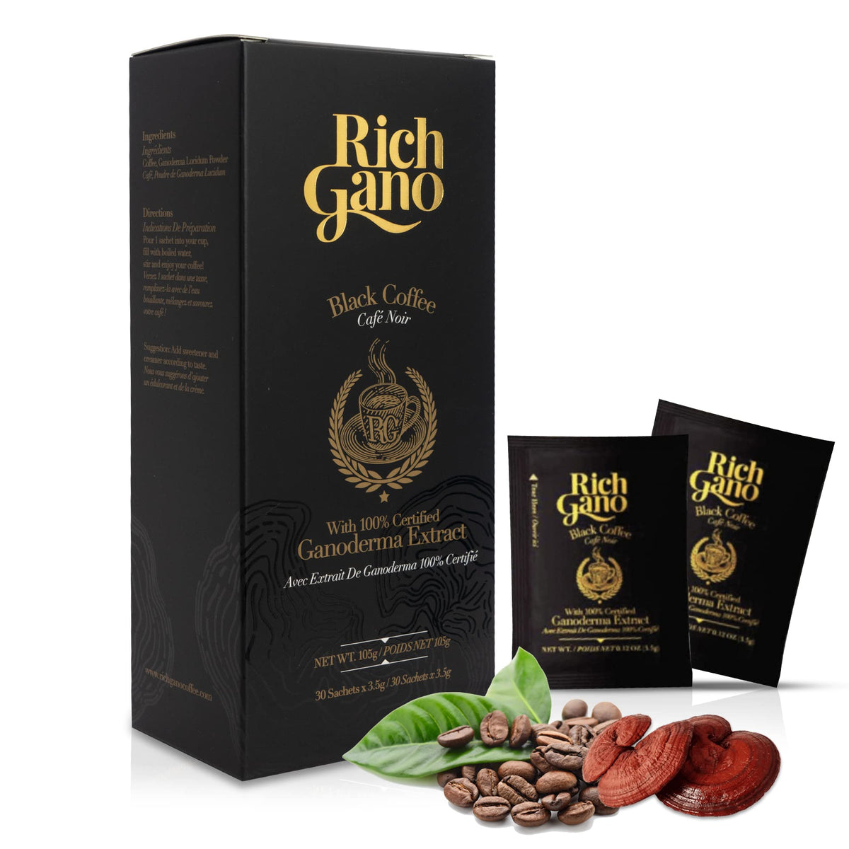 Rich gano Reishi coffee box front for steady morning energy