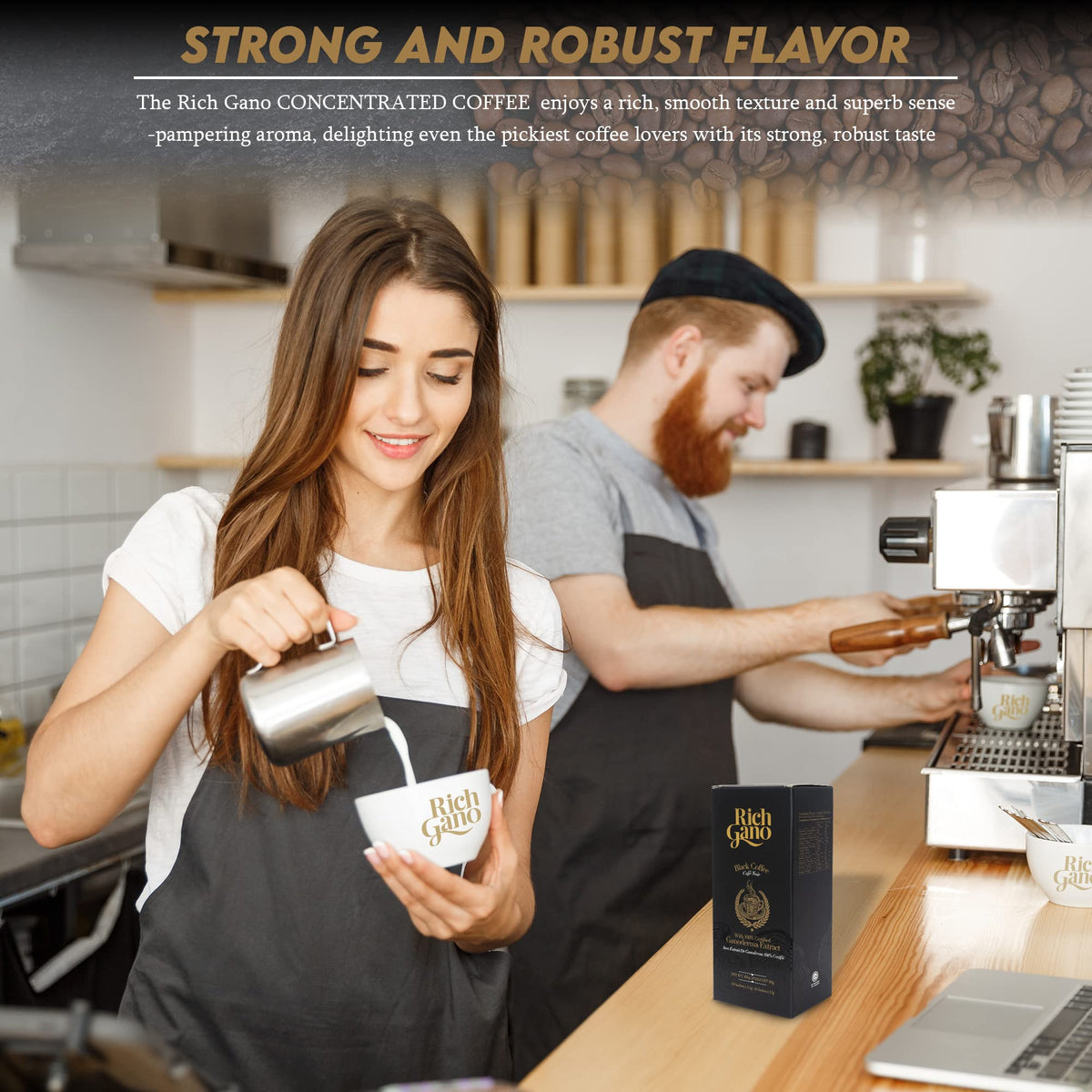 Rich gano Reishi coffee cup steaming with bold aroma