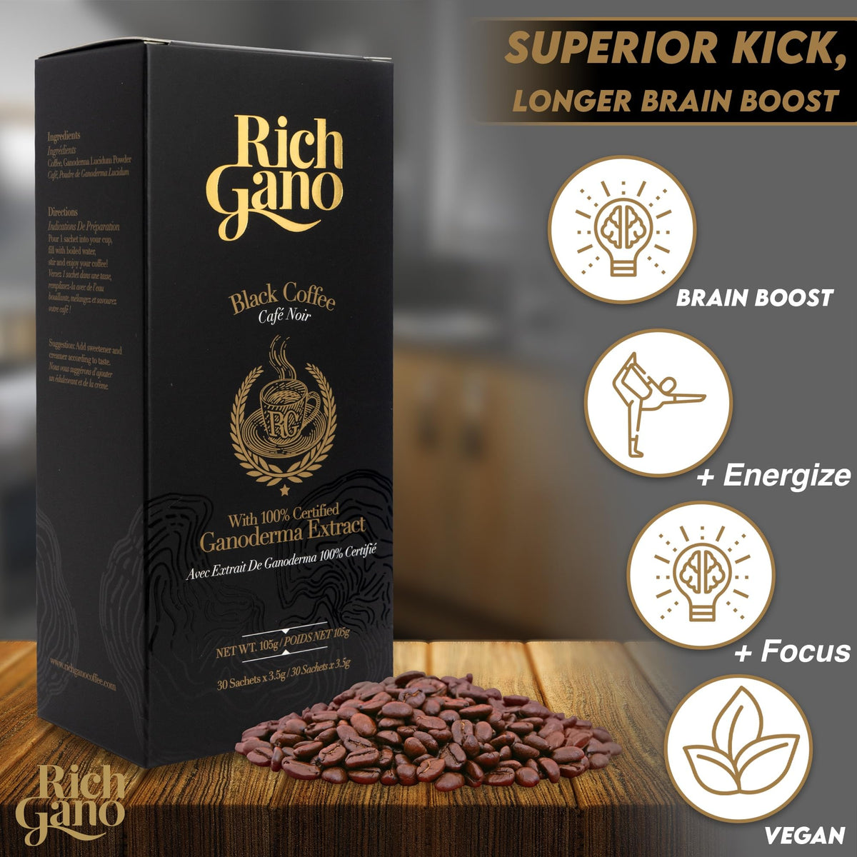 Rich gano Reishi coffee sachets lined up for on-the-go convenience