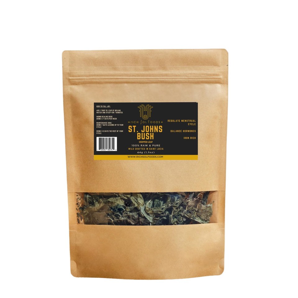 Rich Sol Foods St. John’s Bush tea pack showing caffeine-free herbal blend for balance