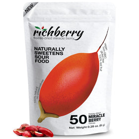 Richberry Miracle Berry halves pack-50 on display boosts sour foods to taste sweet.