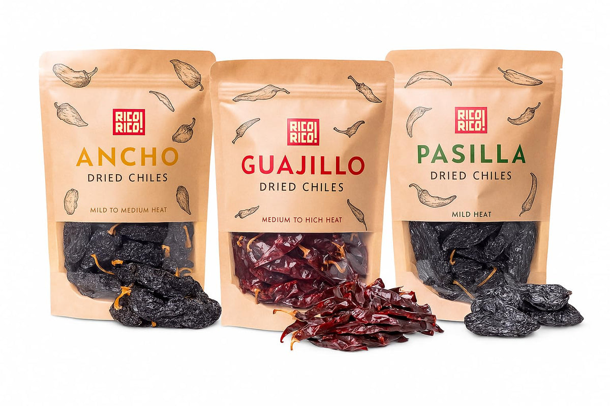 RICO RICO dried chiles—ancho, guajillo, pasilla close-up highlighting authentic flavors.