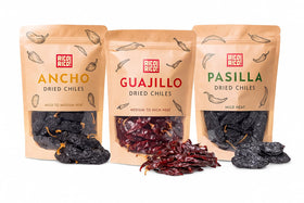 RICO RICO dried chiles—ancho, guajillo, pasilla close-up highlighting authentic flavors.