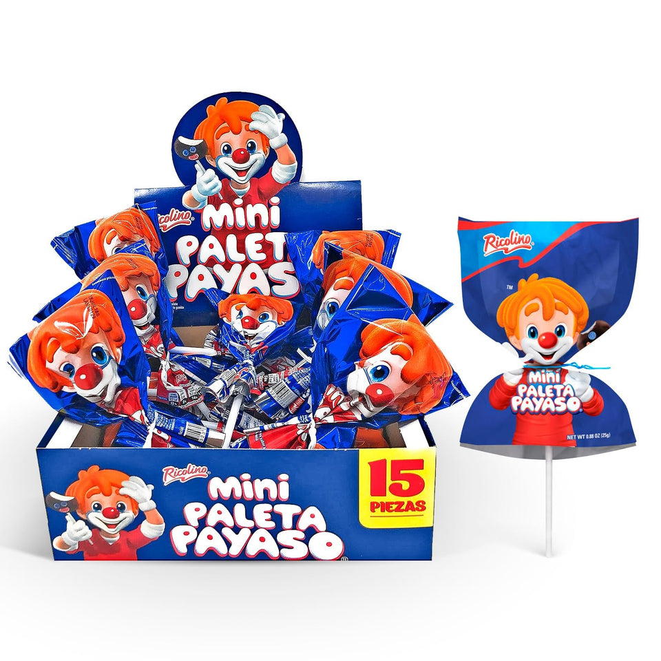 RICOLINO paleta payaso chocolate marshmallow lollipop with clown face for celebrations.