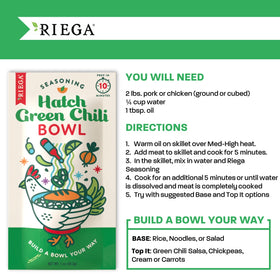 Riega hatch green chili seasoning packaging highlights no fillers or preservatives