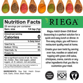 Riega hatch green chili seasoning powder close-up with kosher and vegan features