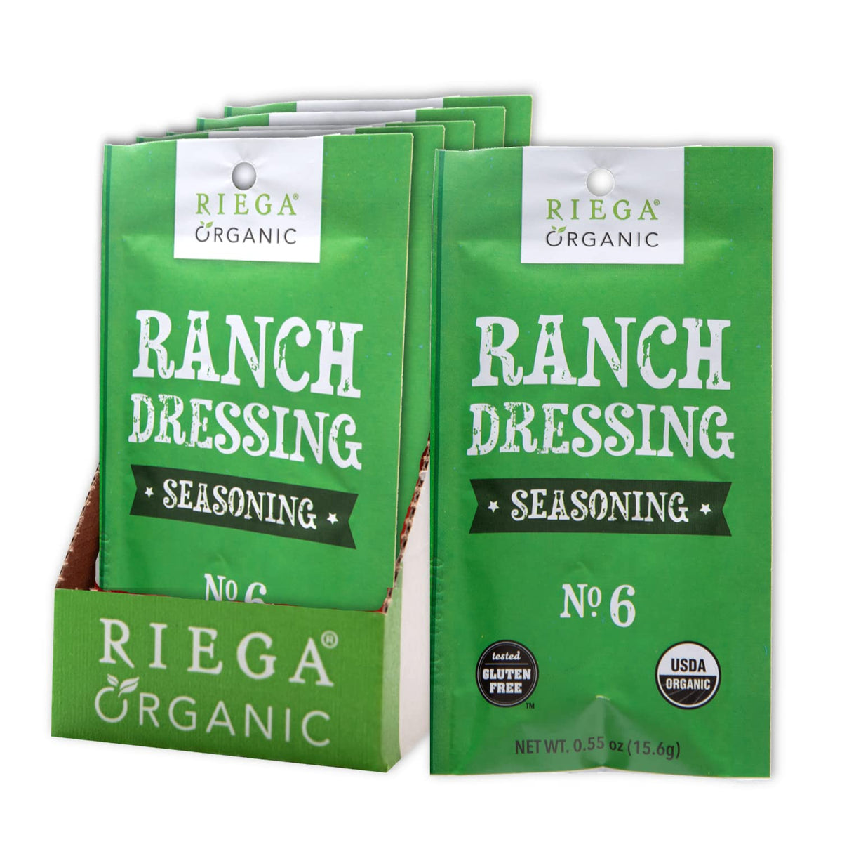 Riega Organic Ranch Dressing Seasoning case with eight packets for convenient use