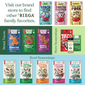 Riega Organic Taco Seasoning package on the kitchen counter, ideal for pantry meals.