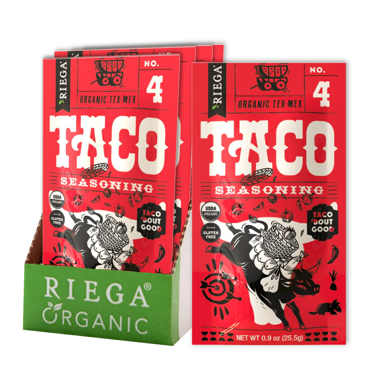 Riega Organic Taco Seasoning packets in a case, perfect for quick taco nights.