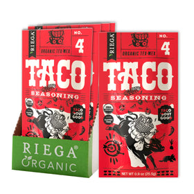 Riega Organic Taco Seasoning packets in a case, perfect for quick taco nights.