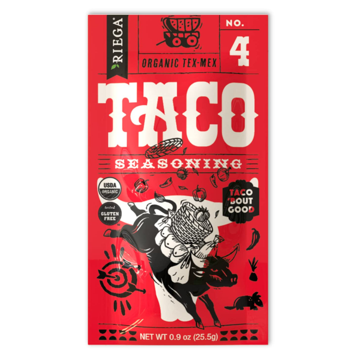 Riega Organic Taco Seasoning pouches closeup, rich aroma from organic herbs.