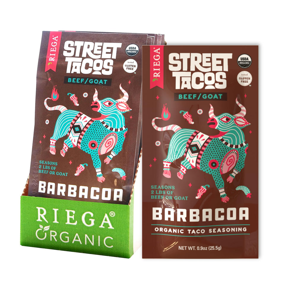 Riega Street Taco Seasoning front packaging showing organic Barbacoa blend for tacos