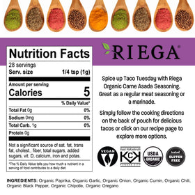 Riega Street Taco Seasoning ingredients highlight pure organic spices