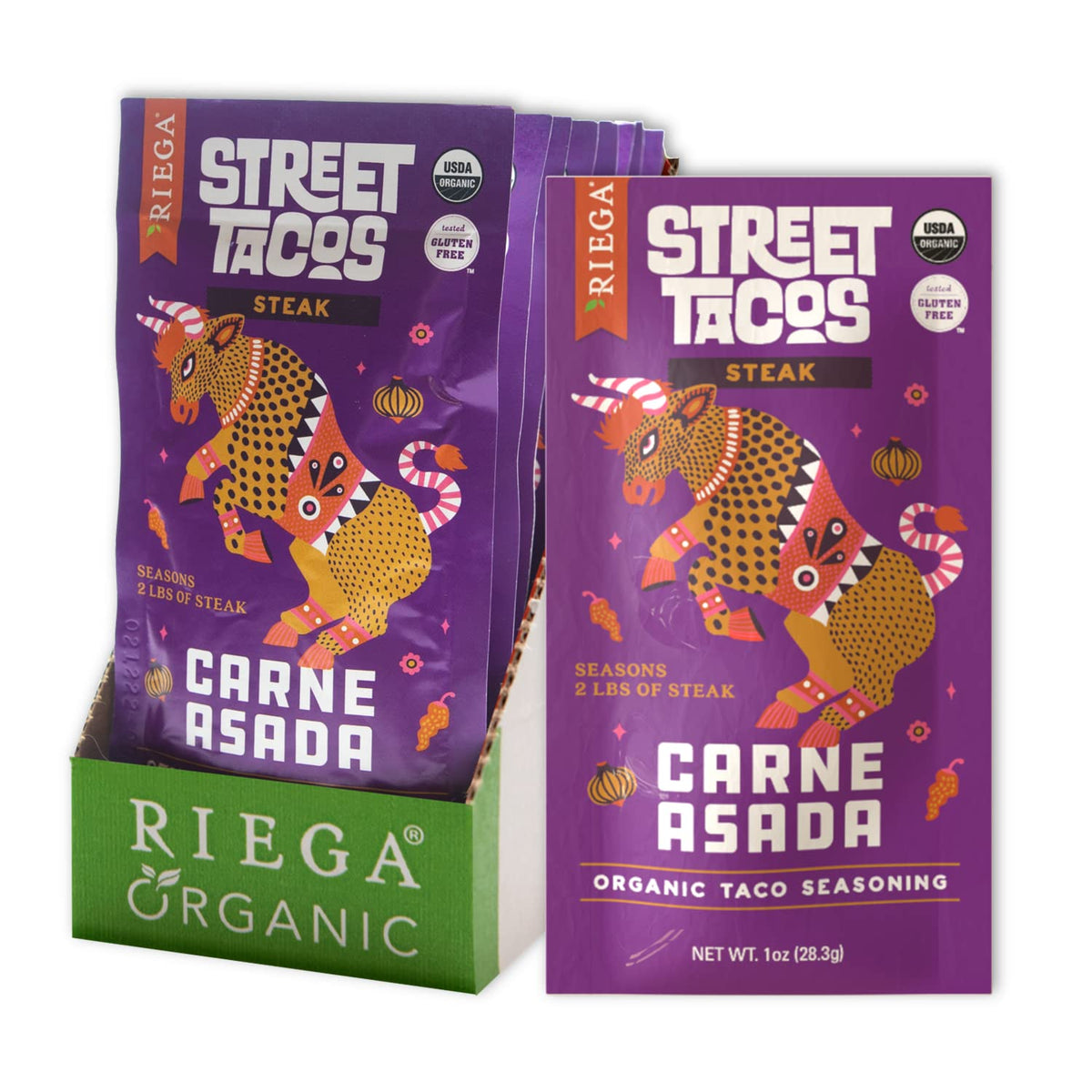 Riega Street Taco Seasoning pack closeup showing authentic seasoning for carne asada