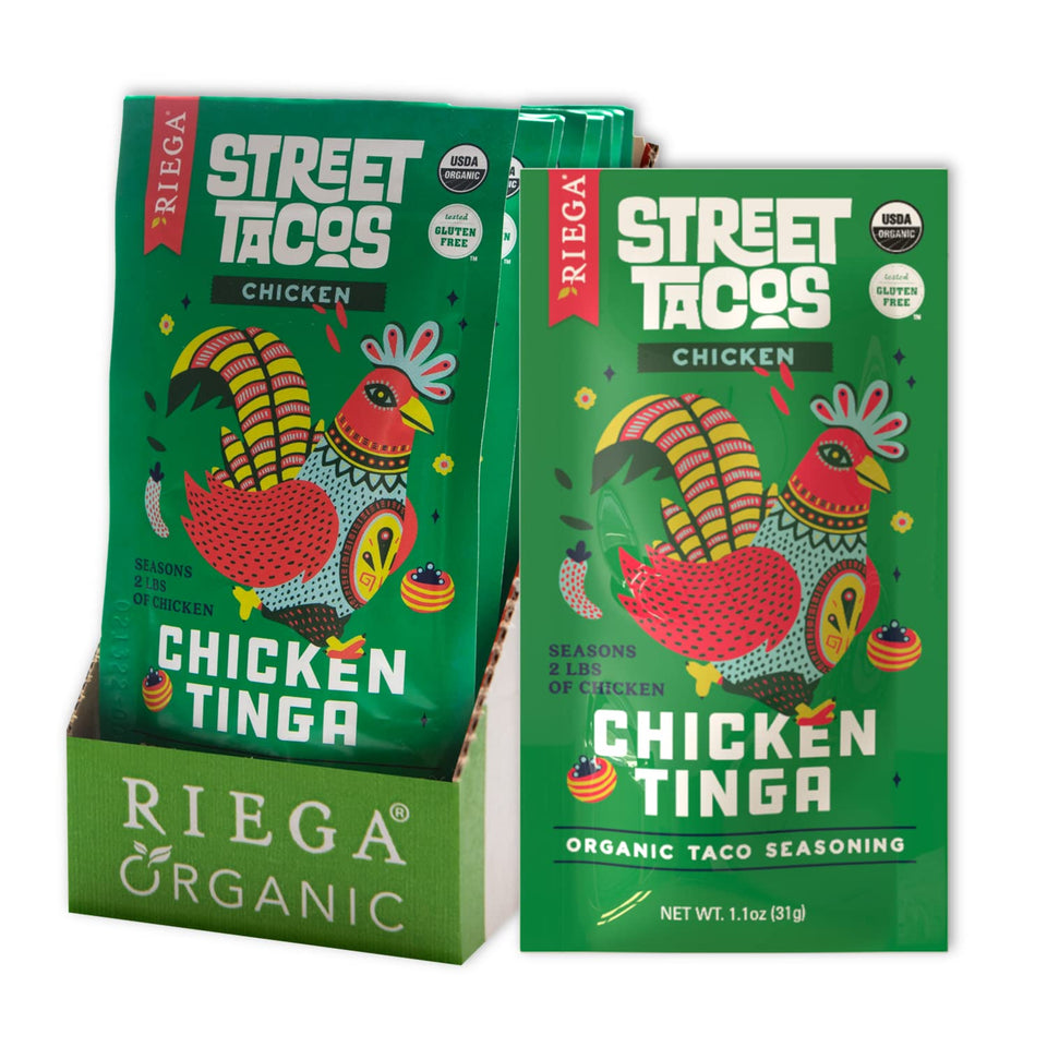 Riega Street Taco Seasoning packaging highlights organic herbs for clean, vibrant flavor.