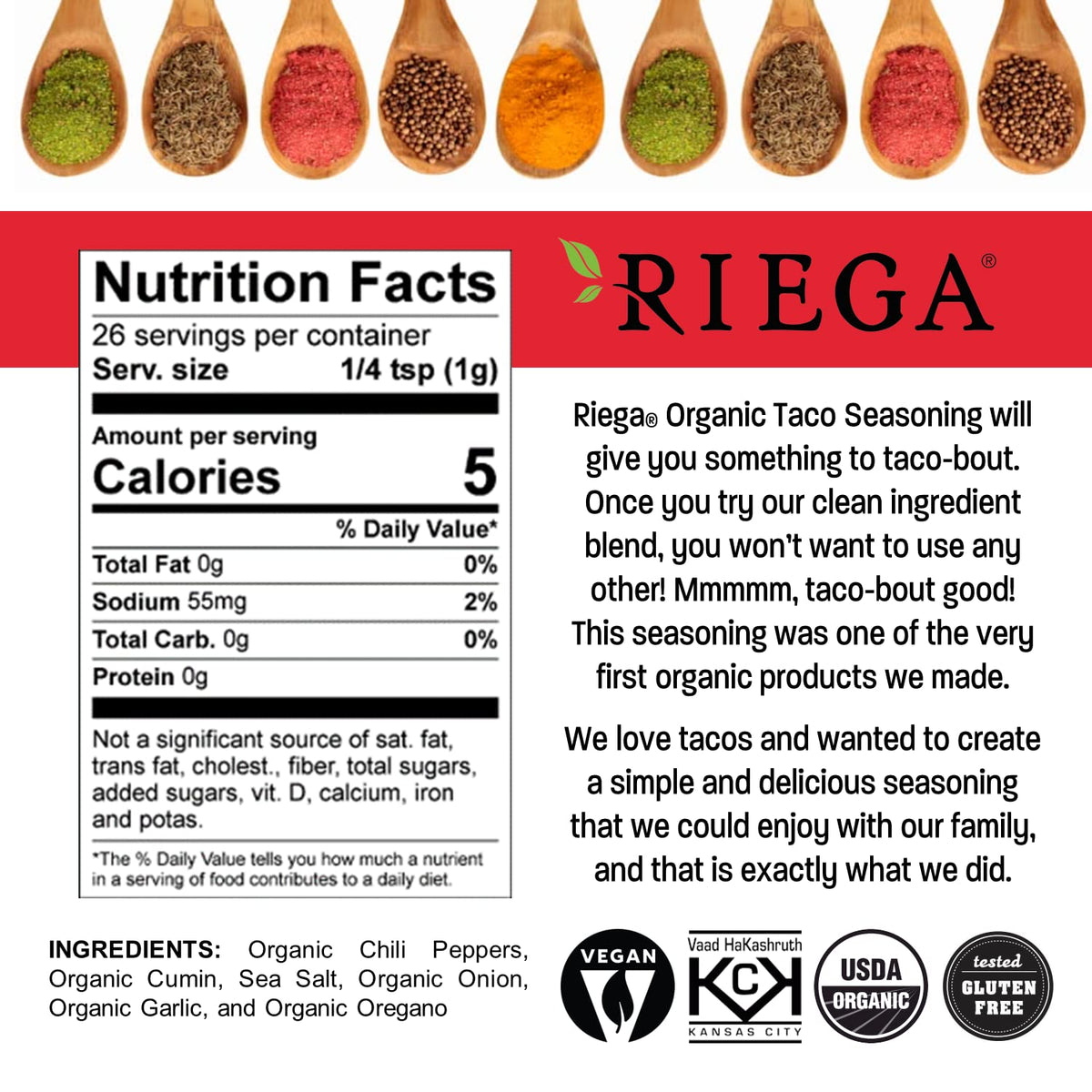 Riega Taco Seasoning front label, showcasing organic, gluten-free, vegan, and kosher features.