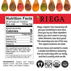 Riega Taco Seasoning front label, showcasing organic, gluten-free, vegan, and kosher features.