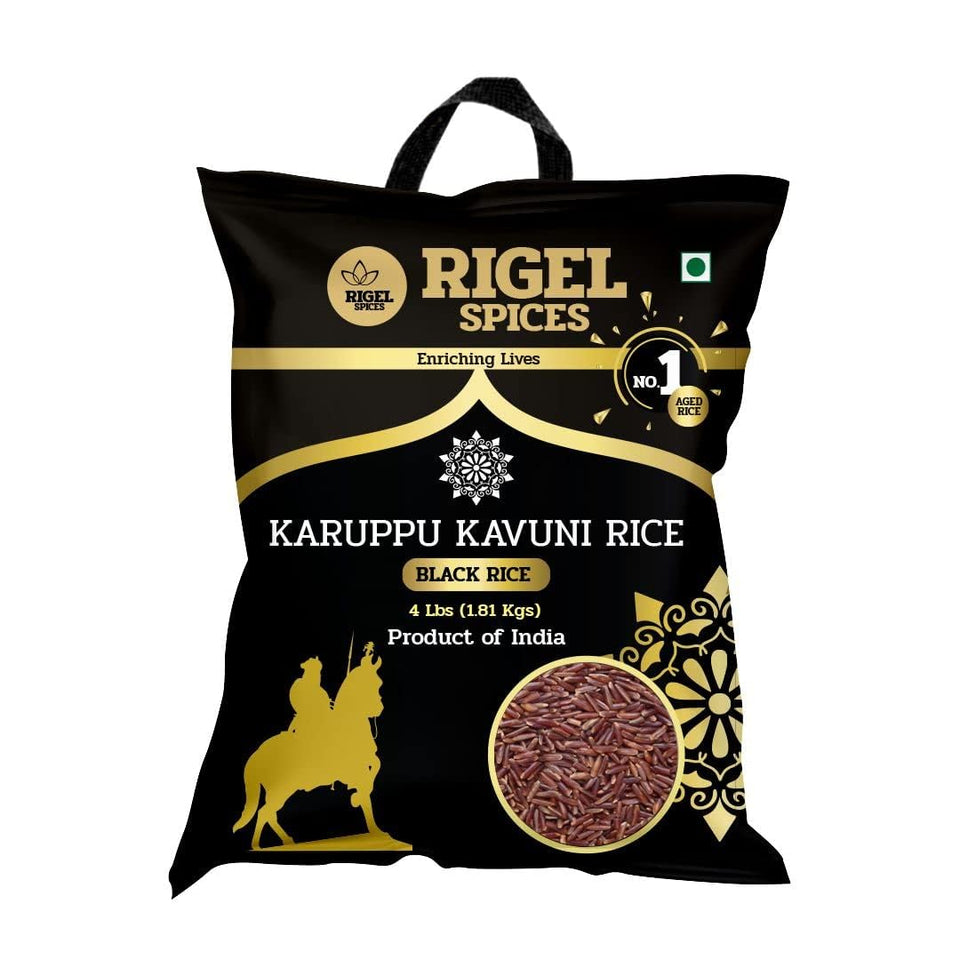 Rigel Spices Karuppu Kavuni black rice bag front, premium gluten-free grain for versatile meals.