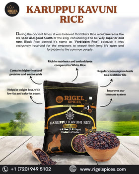 Rigel Spices Karuppu Kavuni black rice cooked plate, fluffy grains with nutty aroma.