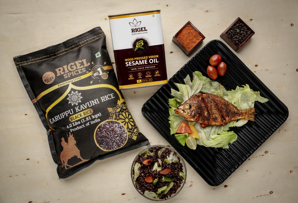 Rigel Spices Karuppu Kavuni black rice idly and dosa, versatile for savory Indian specialties.