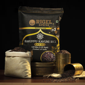 Rigel Spices Karuppu Kavuni black rice pongal dessert, sweet and fragrant traditional use.