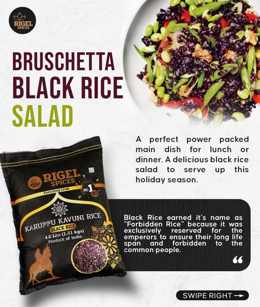Rigel Spices Karuppu Kavuni black rice salad, glossy grains add texture and color.