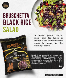Rigel Spices Karuppu Kavuni black rice salad, glossy grains add texture and color.
