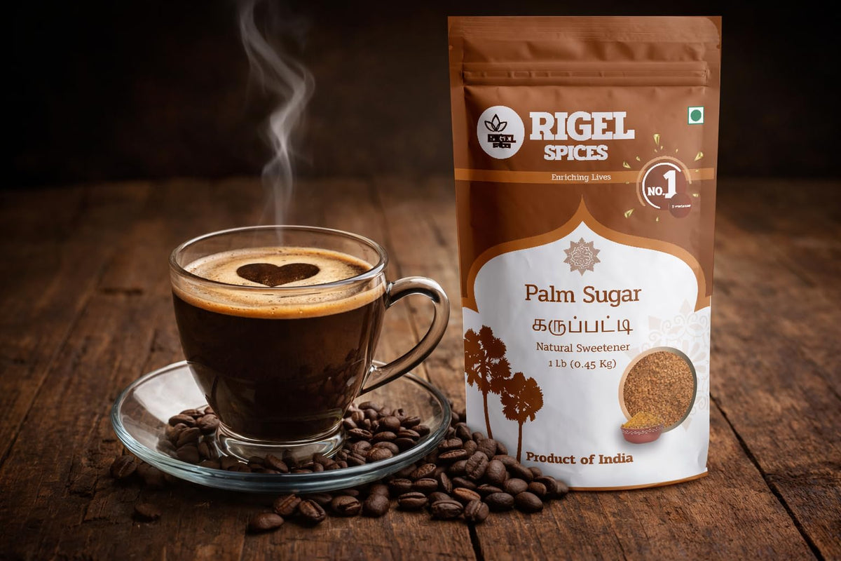 Rigel Spices Palmyra Palm Sugar coffee enhances flavor with natural sweetness