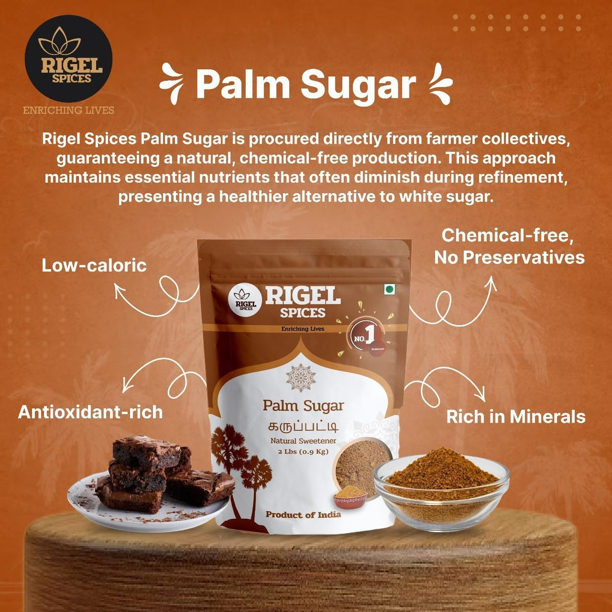 Rigel Spices Palmyra Palm Sugar spoon provides convenient sweetness for coffee
