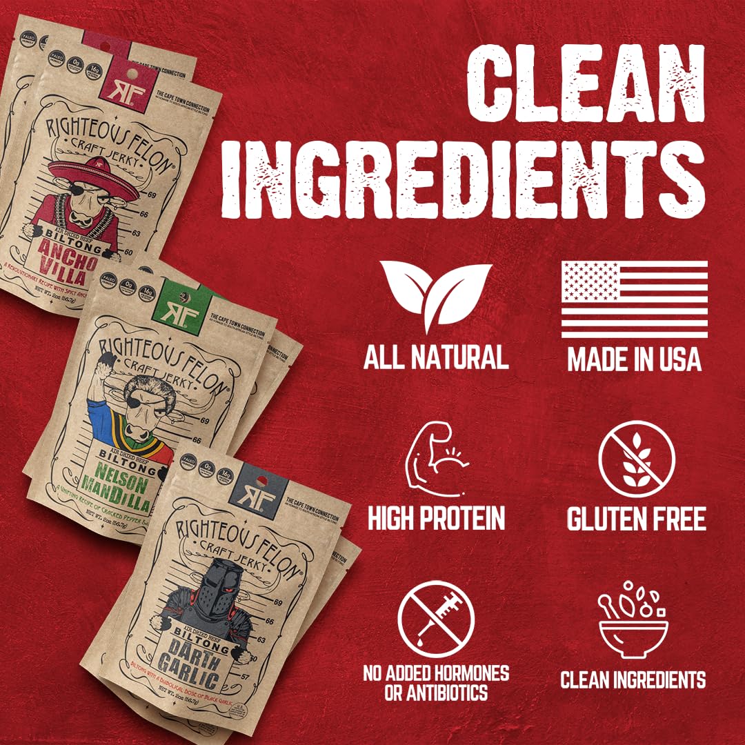 Righteous Felon Air-Dried Biltong Snack highlights premium quality and protein