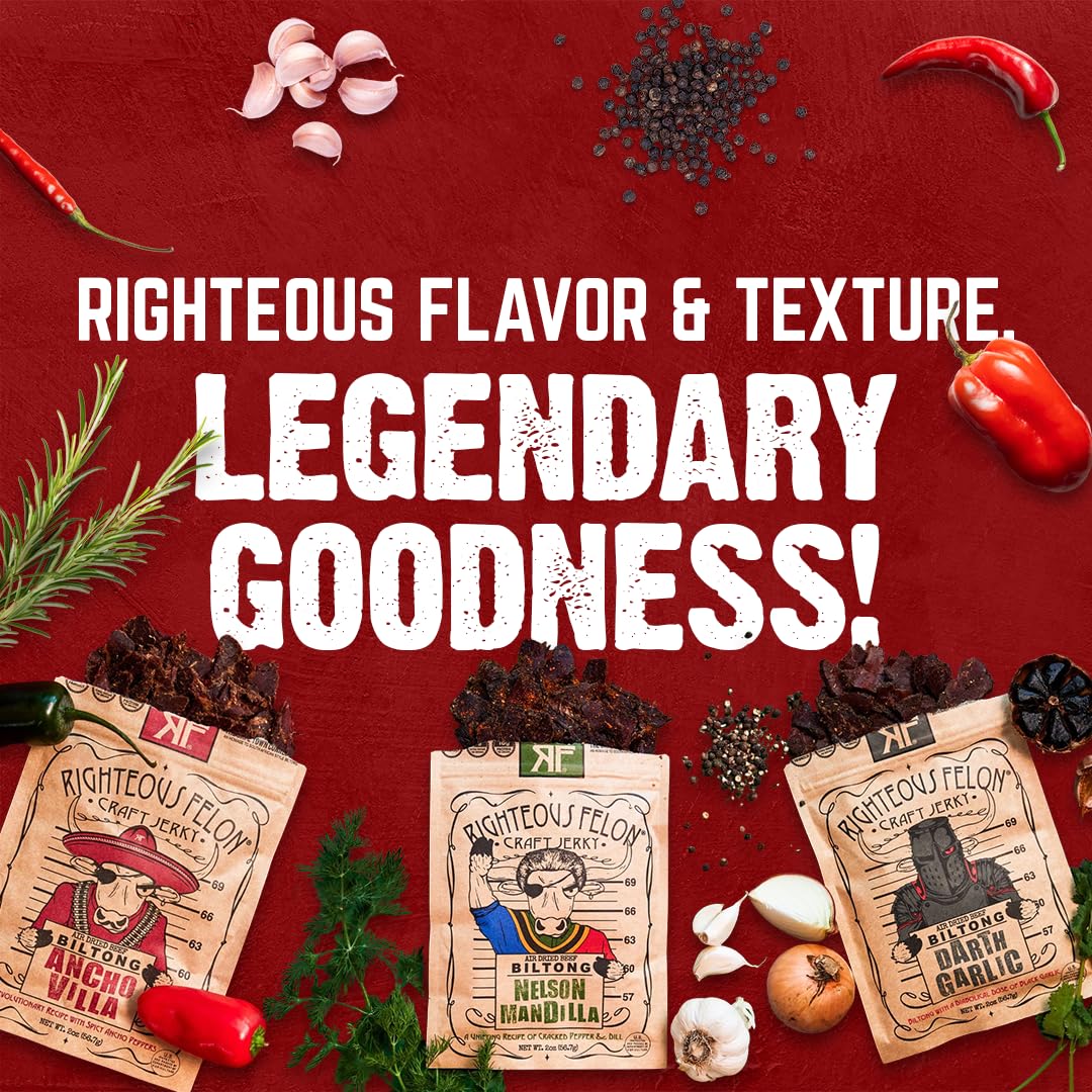 Righteous Felon Ancho Villa Spicy biltong jerky adds a smoky, chili kick for bold cravings.