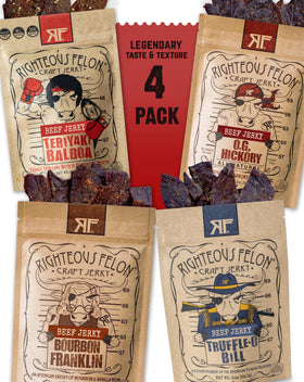 The Righteous Felon 4-pack jerky variety is ideal for on-the-go snacking.