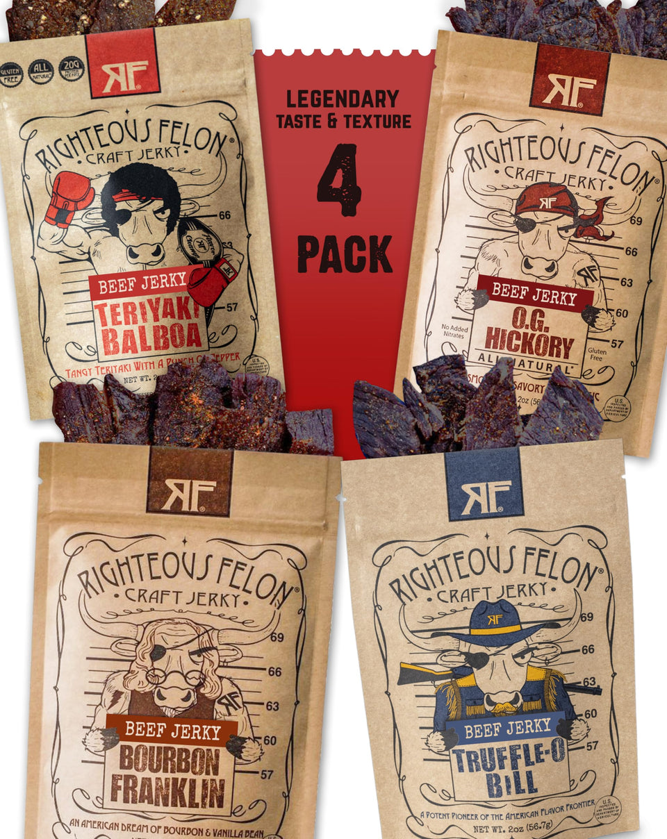 The Righteous Felon 4-pack jerky variety is ideal for on-the-go snacking.