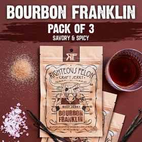 Nutrition-focused view shows high-protein, low-sugar jerky from Righteous Felon Bourbon Franklin.